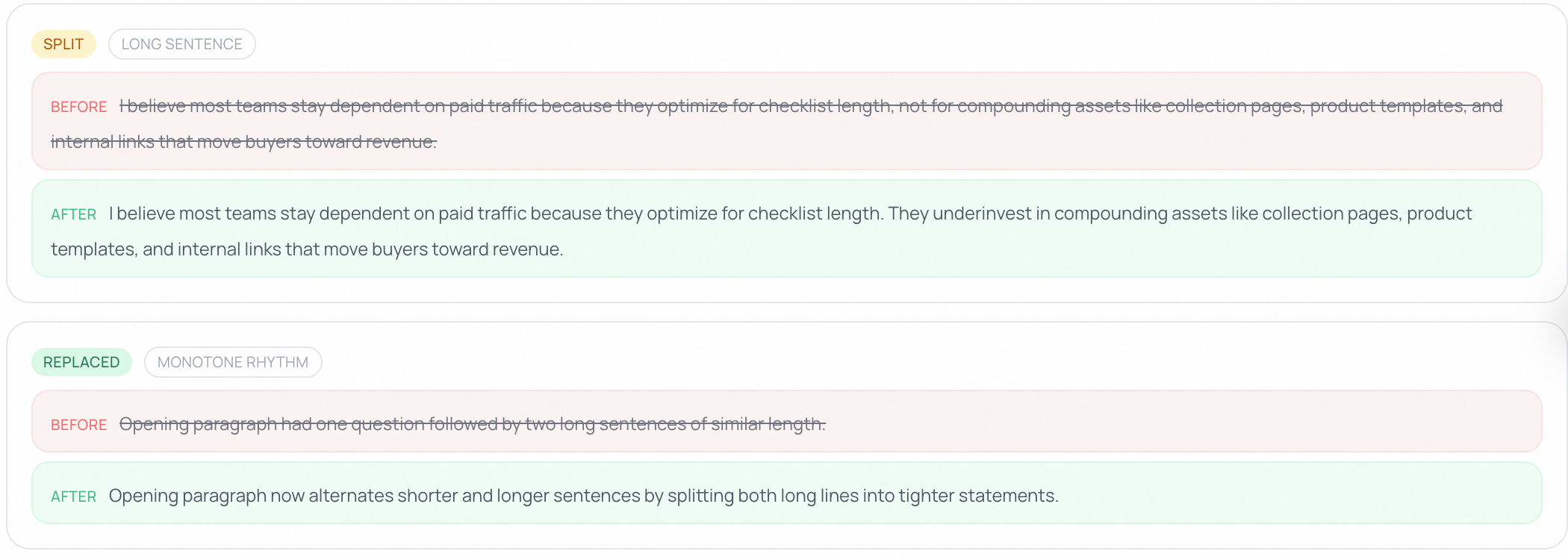InkWarden quality dashboard showing the original sentence, the rewrite, and the reason the system changed it